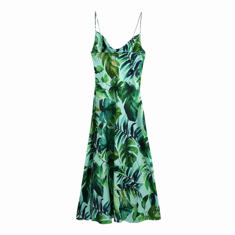 Chic Fashion Tropical Print Midi Camisole Dress Women Vintage Backless Side Vents Thin Straps Female Dresses Mujer 210520