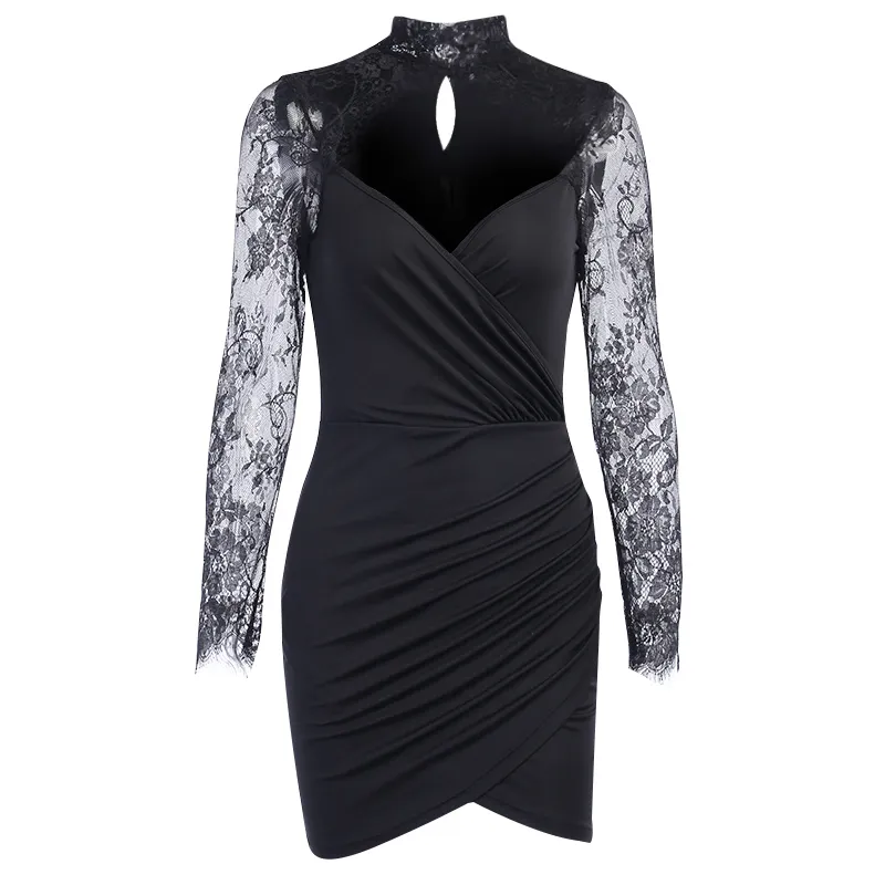 Instahot nero sexy abito impiombato in pizzo da donna slim scava fuori mini abito da festa manica lunga donna elegante asimmetria abiti con orlo X0521