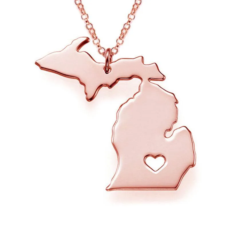 Trendy Michigan Map Map Collo de aço inoxidável pingente de jóias de moda do coração colares de lote298u
