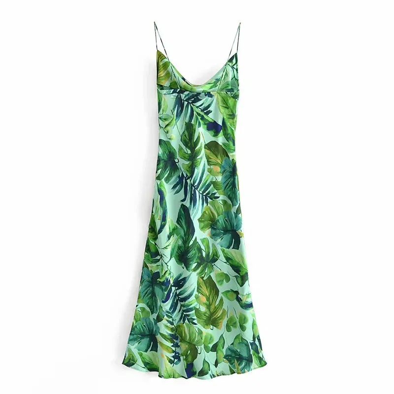 Kvinna sommar klänning grönt tropiskt tryck Camisole långa es kvinnor sexig backless semester beach strap midi 210519