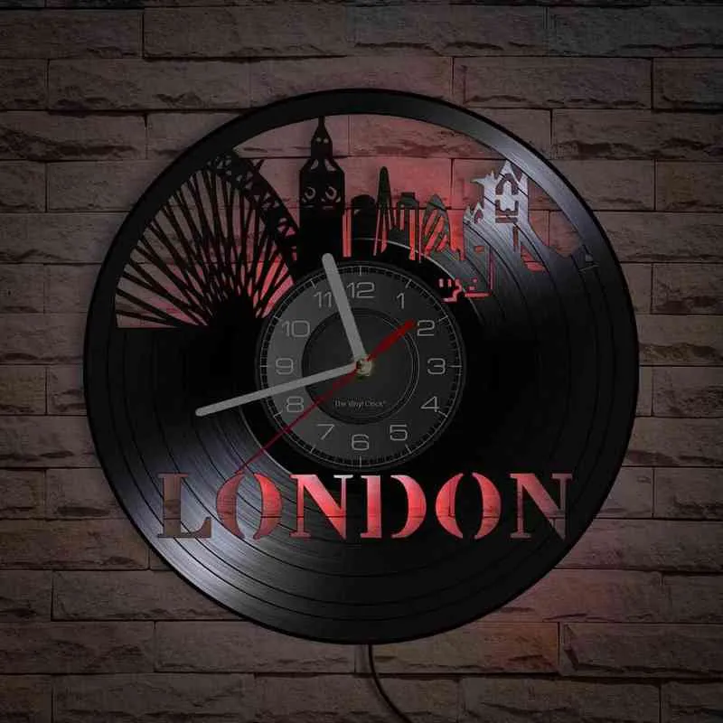 London Skyline Re-Purposed Record Horloge murale Angleterre Gratte-ciel Landmark Album vinyle Fine Art Clock Cityscape Art Home Decor H1230