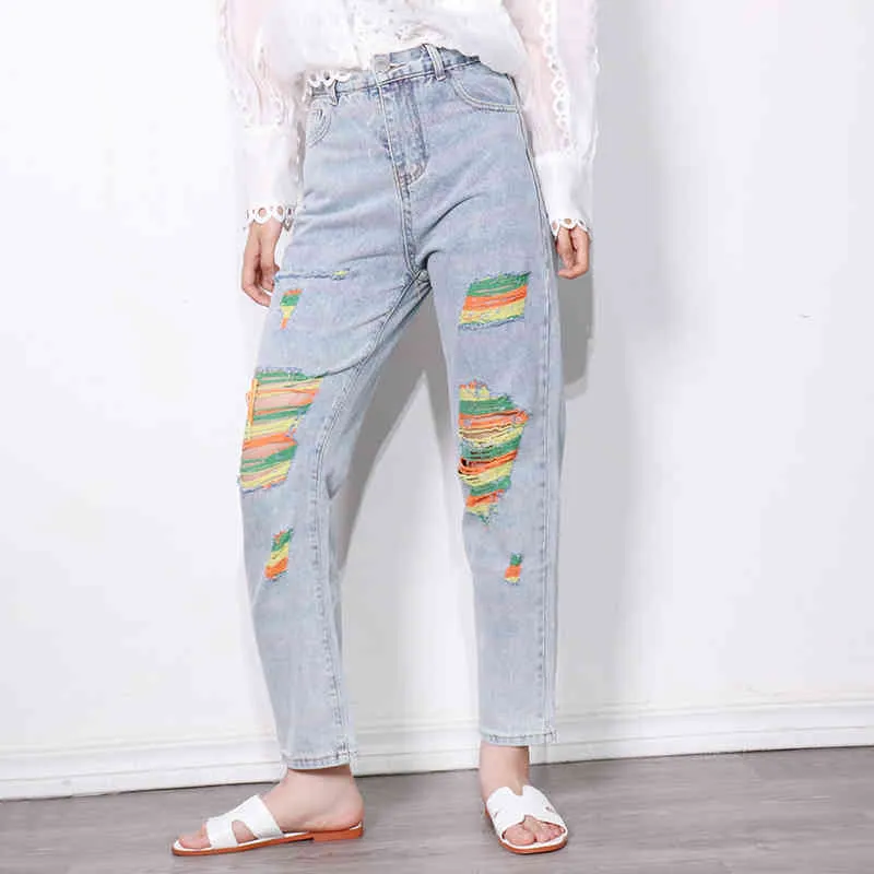 Denim Hit couleur Patchwork pantalon pour femmes taille haute trou droit Jeans décontractés femme mode vêtements 210521