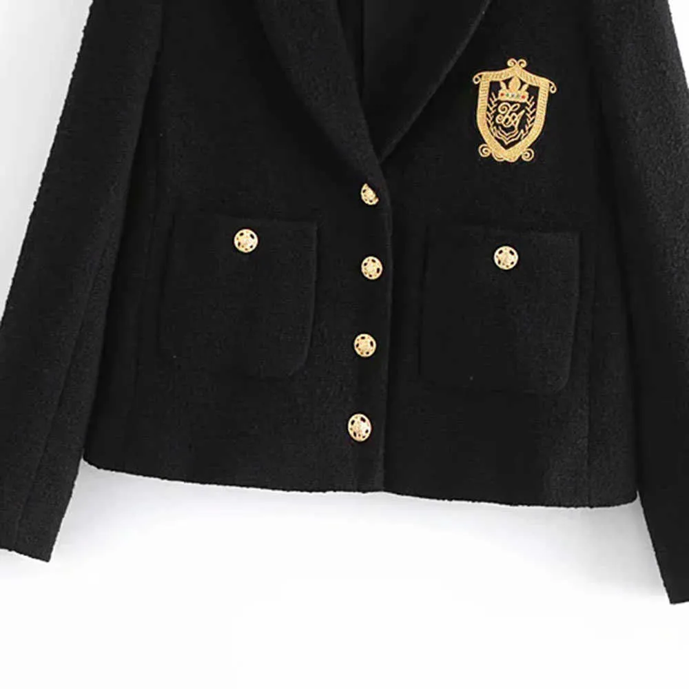 ファッションビンテージカレッジスタイルの女性ブラックツイードジャケットシングルブレストポケット長袖女性制服コートカザコフェムミ210914