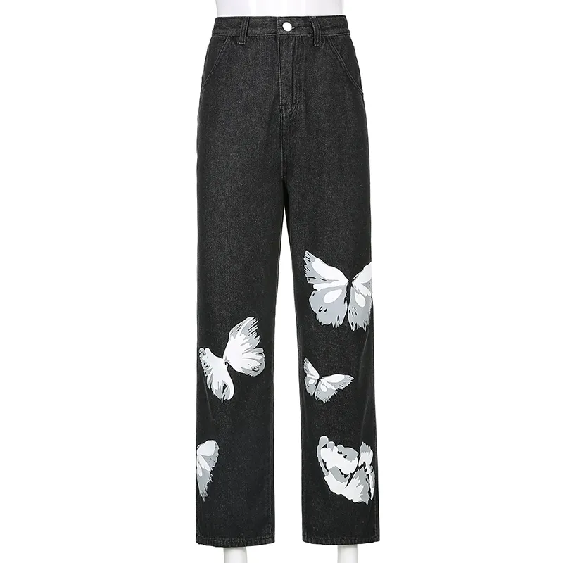 Papillon Imprimer Noir Y2K Denim Pantalon Femmes Mode Jeans Pour Filles Vintage Taille Haute Pantalon Femme Capris Streetwear 210415