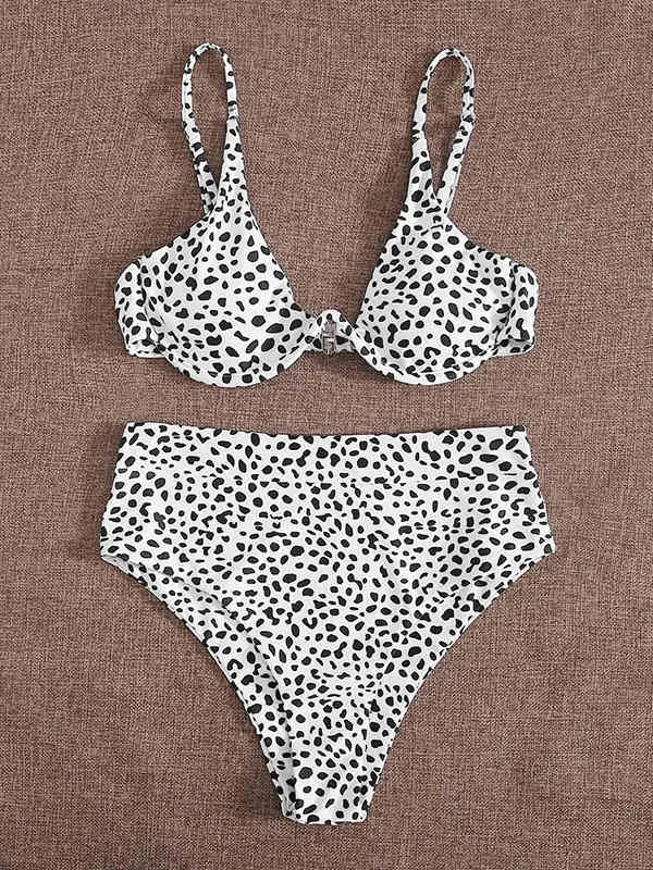 Conjunto de playa Sexy Ladies Black white Leopard Bra Traje de baño Swim Bikini Mujeres Traje de baño Traje de baño 2 piezas set 210429