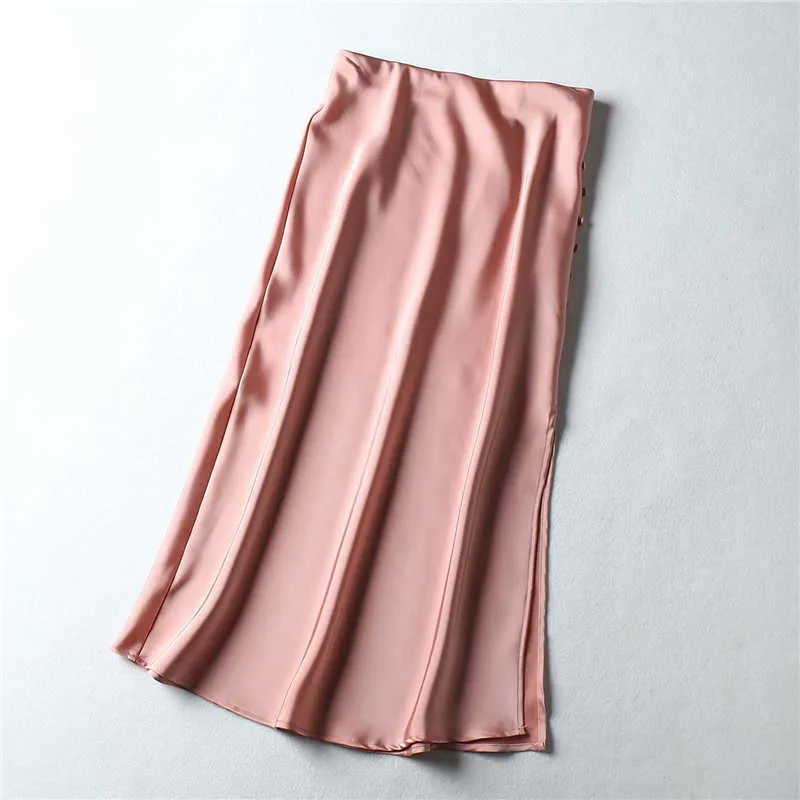 Vintage Midi Jupes Élégant Rose Satin Jupe Streetwear Dames Taille Haute Longue Sexy Une Ligne Slit 210621