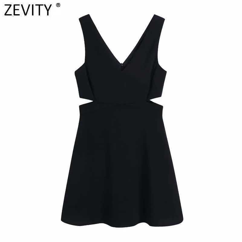 Zevity Women Sexy Deep V Neck Side Hollow Out Black Sling Mini Dress Femme Chic Sommar Använd Casual Slim Party Vestido DS8113 210603