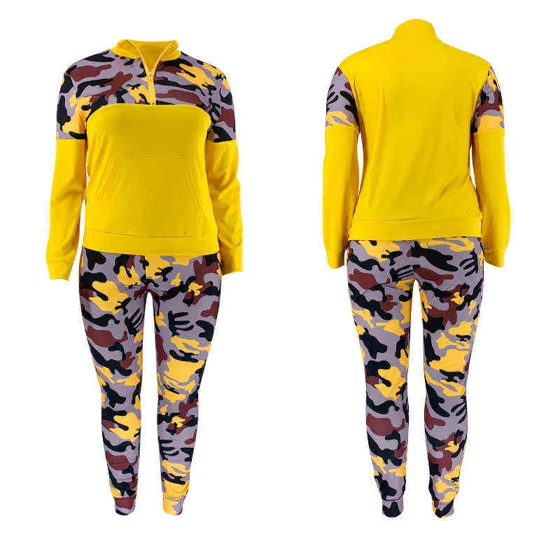 Plus Größe S-5XL 2 Stück Outfits für Frauen Camouflage Gedruckt Stretch Casual Jogger Fitness Matching Set Großhandel Drop 211126