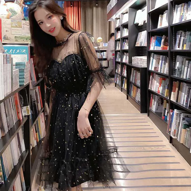 Elegant Mesh Sequins Dress Vintage Lace Women Long Sleeve Fairy Spring French Designer Clothes Korean 210604