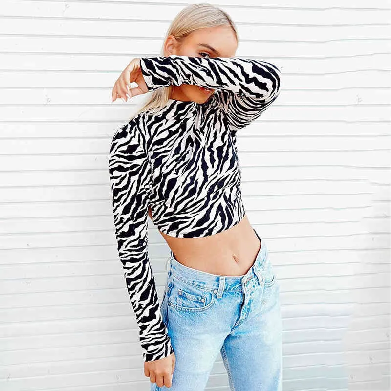 Sexy rückenfreie Zebra-Print Crop Tops Frauen Langarm Club Party Sommer Bluse Tops Streetwear Tops 210415