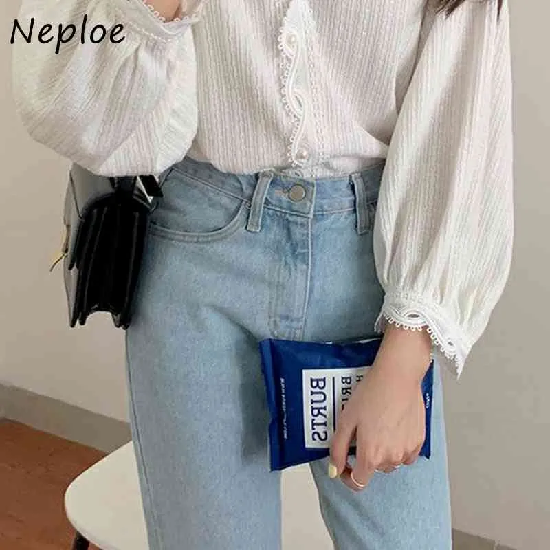 Neploe Elegant Lace Hollow Out Slim Blouse Women V Neck Long Sleeve Pullover Blusas Work Style Ol Solid Spring Shirt Feminino 210423