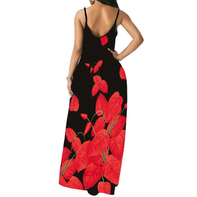 Wayoflove czerwony liść drukowana sukienka sexy czarny szata sukienki lato sundresses plaża party sukienki dziewczyny pasek maxi sukienka kobiety 210602