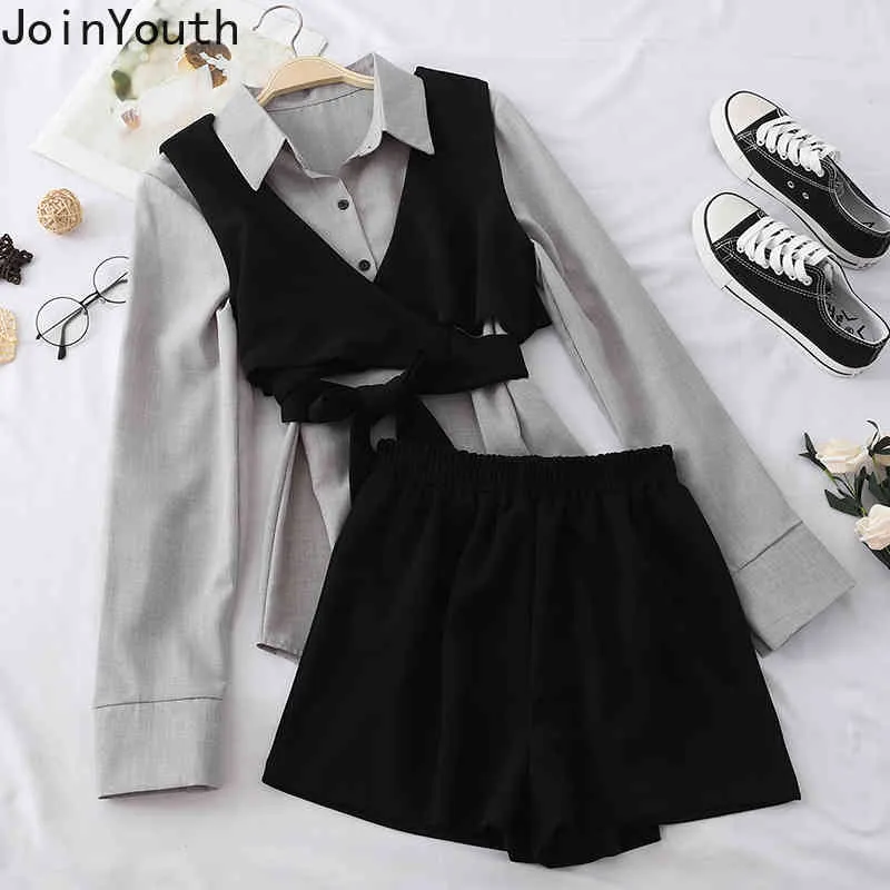 SLUTYOUTH 2020 Spring Women Sets Fashion Bandage Sling Vest + Långärmad Slå ner Collar Blouse + Shorts Passar 59153 x0428