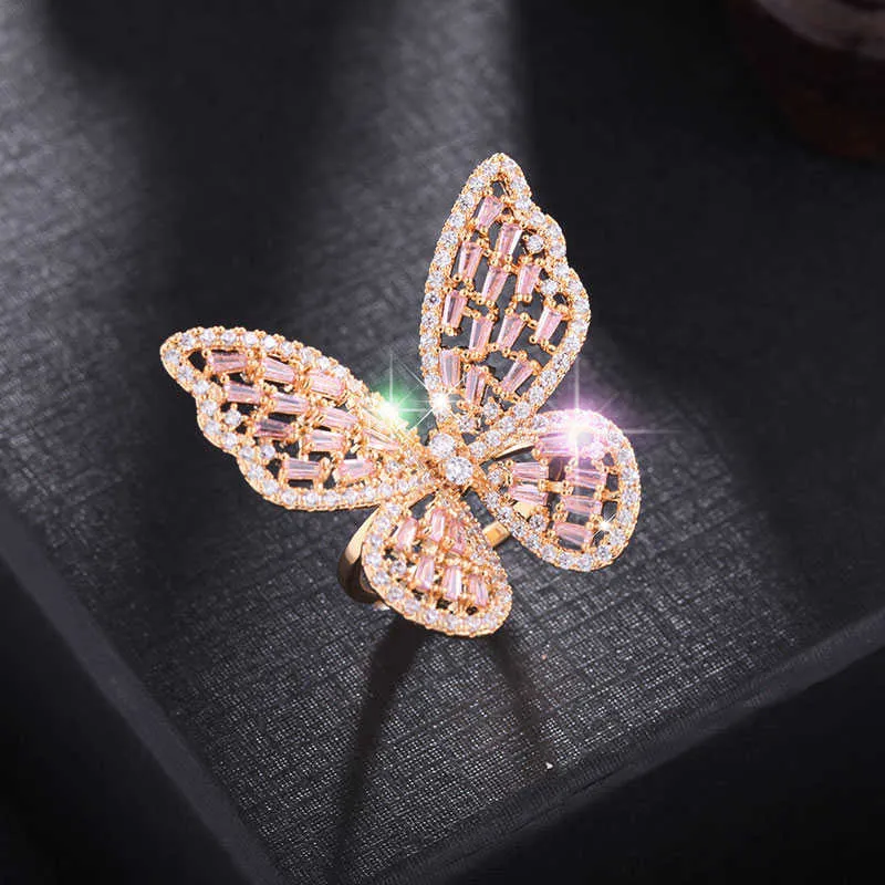Huami Light Luxury調整可能な蝶のリング女性のための輝く指輪を開いたリングピンク白い色Zircon Jewelry1244634