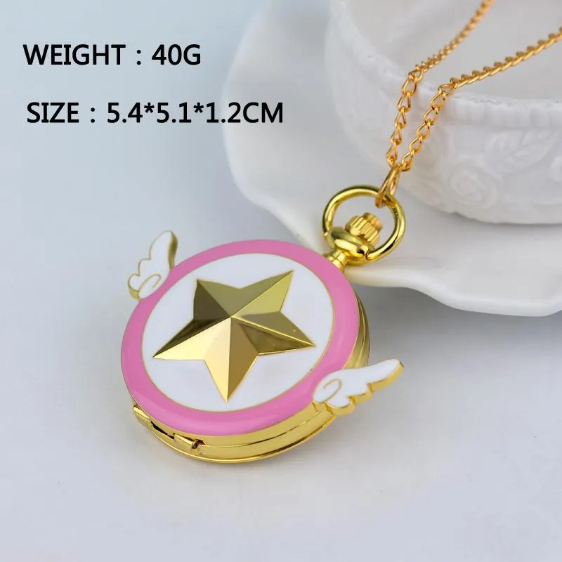 Pocket Watches Japan Anime Cardcaptor Sakura Golden Watch Necklace Star Wings Pendant Chain Clock Women Girls Gift237m