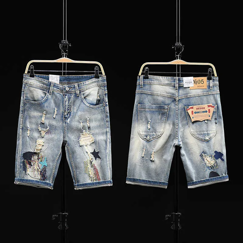 embroidery Men Ripped Distressed Denim Shorts Hollow Out Bermuda Summer Vintage Hole Cowboys jeans 210714