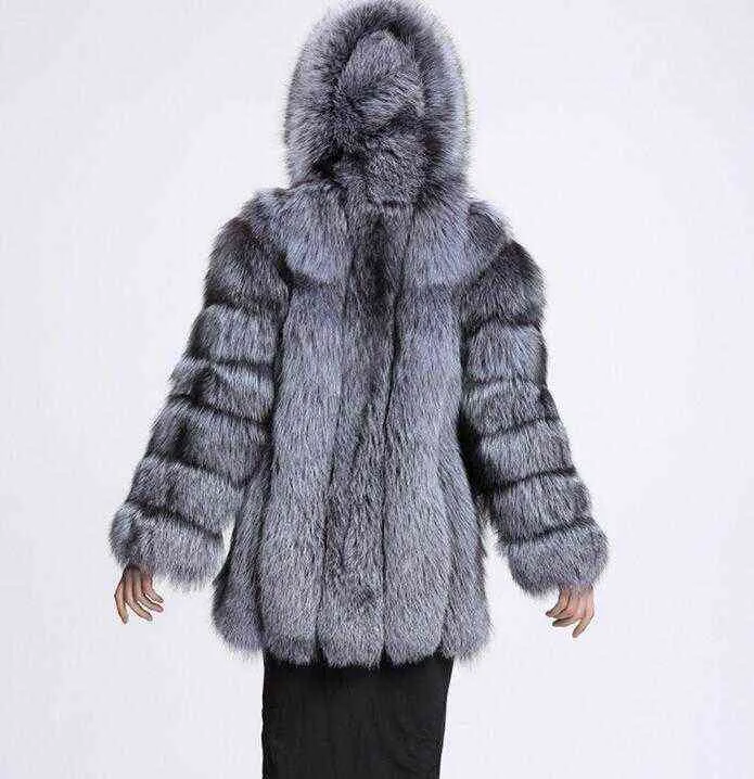 Artificial fur stitched fur one women's medium long 9 / 4 sleeve hooded imitation fur coat women 211207