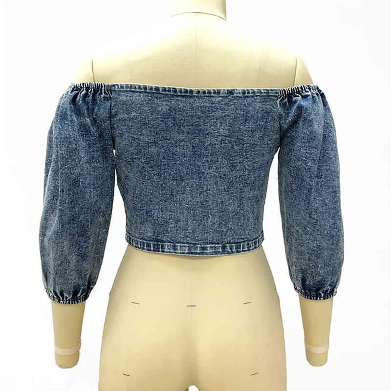 Sexig Off Shoulder Puff Sleeve Denim Blus Sommar Casual Single-Breasted Kvinna Slim Wrapped Bröst Streetwear Denim Crop Top 210416