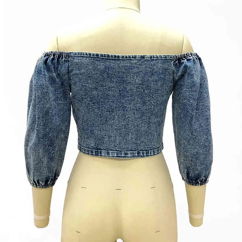 Sexy Off Shoulder Puff Sleeve Denim Blouse Zomer Casual Single-Breasted Vrouwelijke Slanke Wrapped Borst Streetwear Denim Crop Top 210416