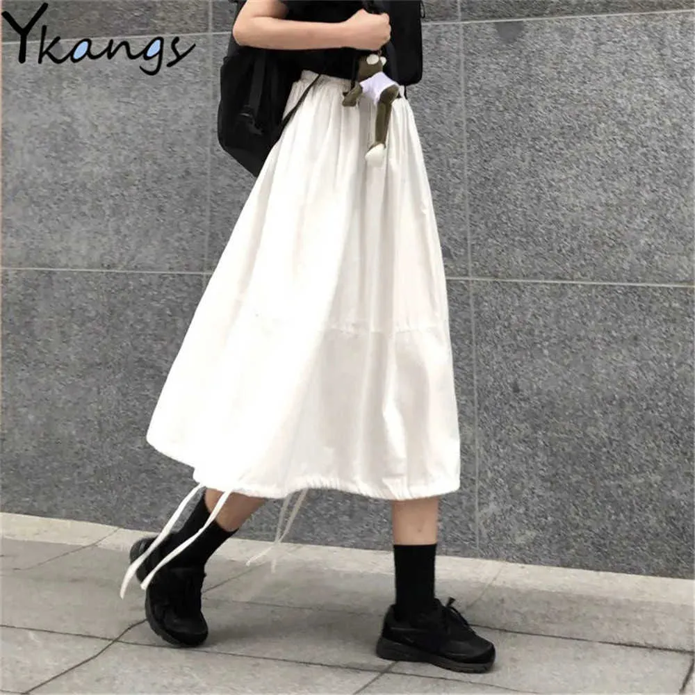 Half-Length Pleated Skirt Female White Korean High Waist Mid-Length A-Line Skirt Elastic Waist Drawstring Umbrella Long Skirt 210619