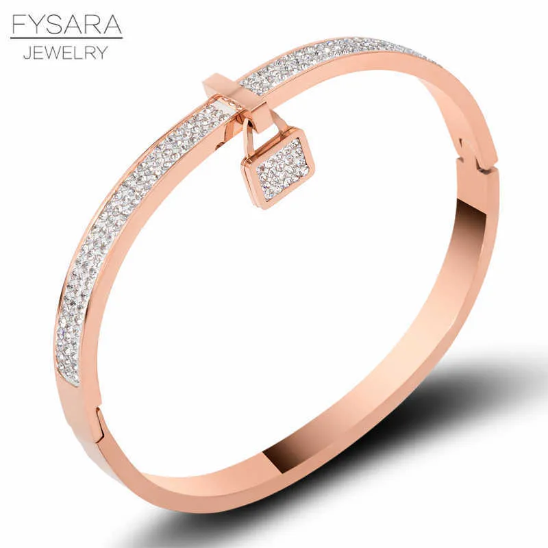 Fysara Full Cubic Zirconia Crystals Lock Bracelets & Bangles for Women Lover Classic Gold Bangles Fashion Jewelry Drop Shiping Q0717