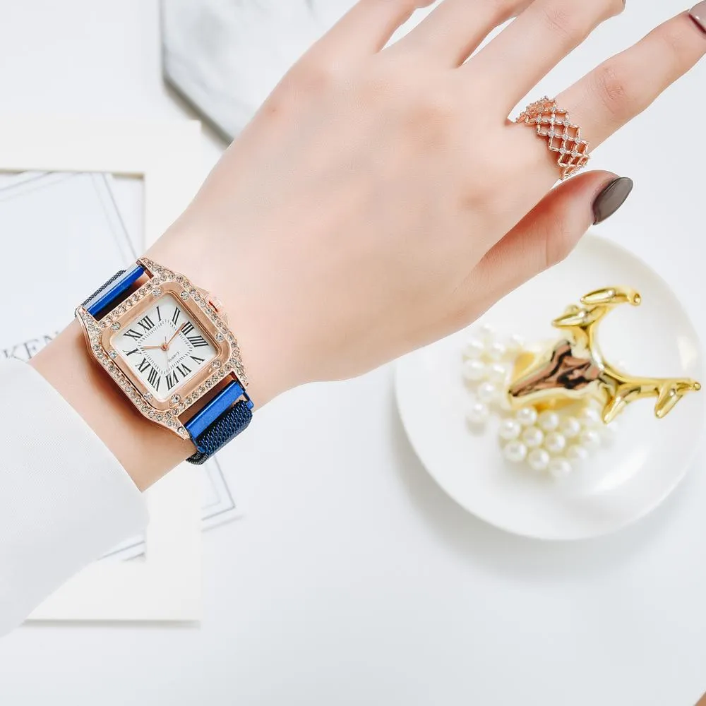 New Watches Women Square Rose Gold Wrist Watches Magnetic Fashion Brand Watches Ladies Quartz Clock montre femme161u