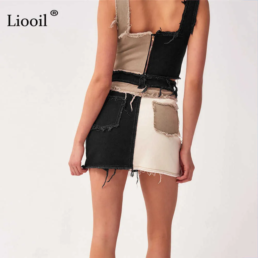 Liooil patchwork katoen denim hoge taille a-line rokken met zakken herfst streetwear kleur blok rits vrouwen sexy mini rok 210629
