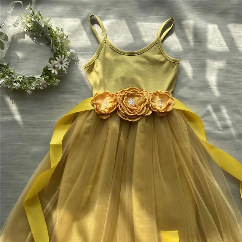 Princesa meninas mostarda amarela longa tule verão vestido médio bezerro kids wedding for toddlers cinturão floral conjunto 210529