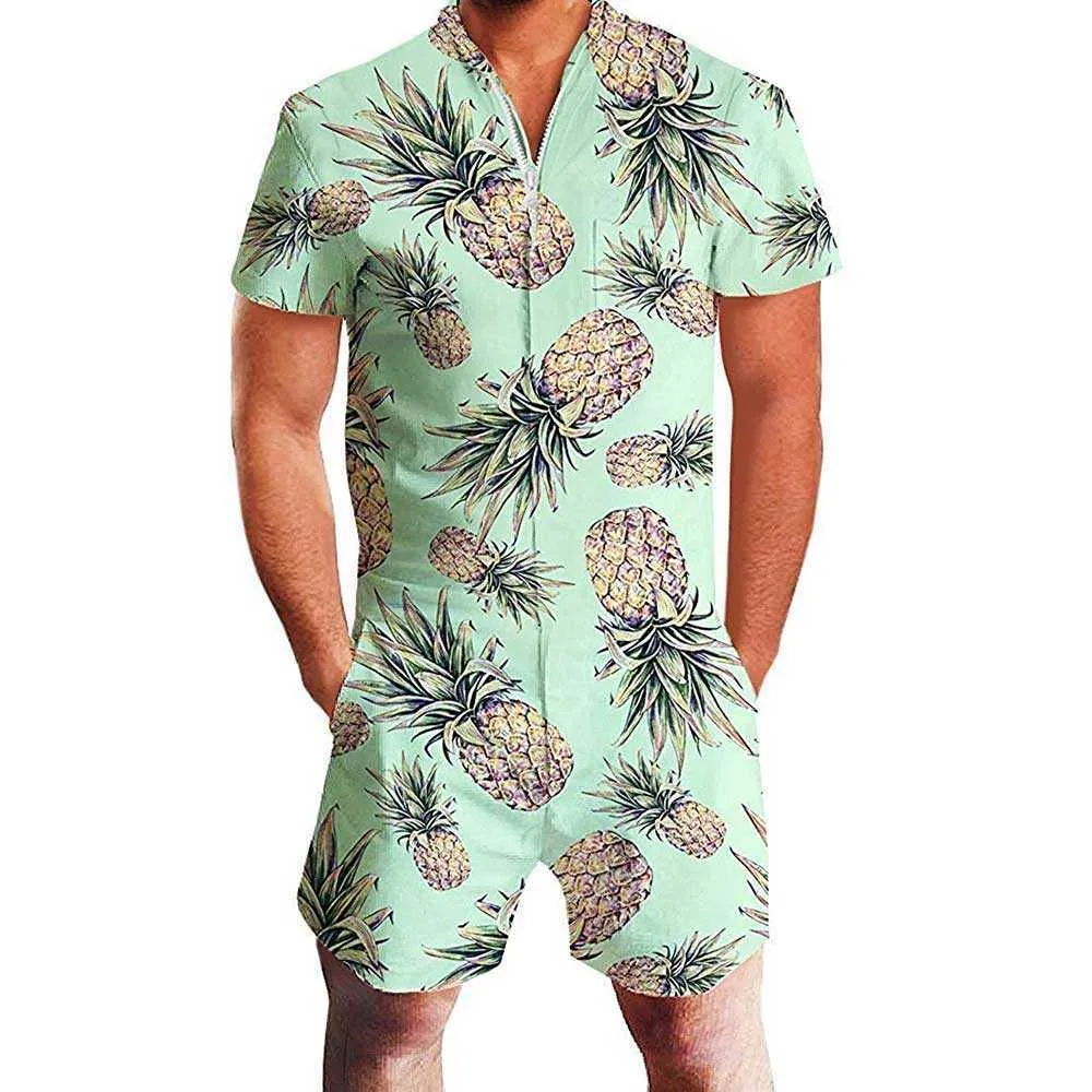 Cloudstyle Erkek Tulum Kısa Kollu 3D Baskılı Tek Parça Fermuar Romper Rahat Pantolon Tulum Genel Gömlek T-shirt Şort Set X0610