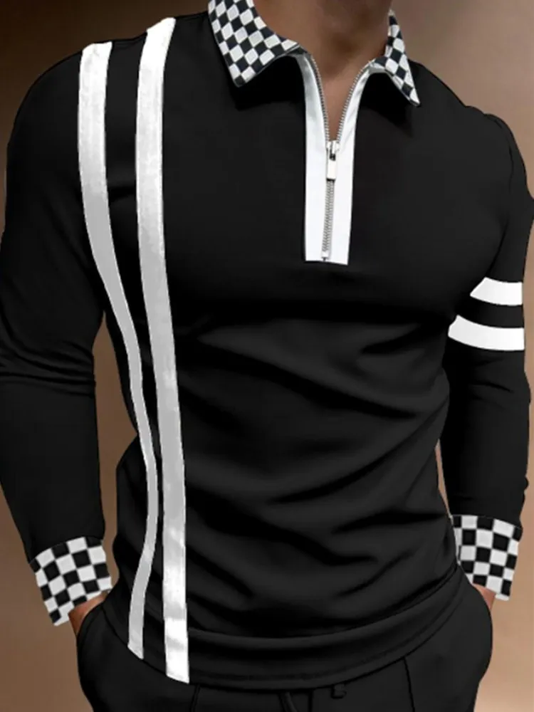 Moda retalhos listrado manga longa topos masculino casual zip-up turn-down colarinho camisas vintage casual masculino magro pol 220308