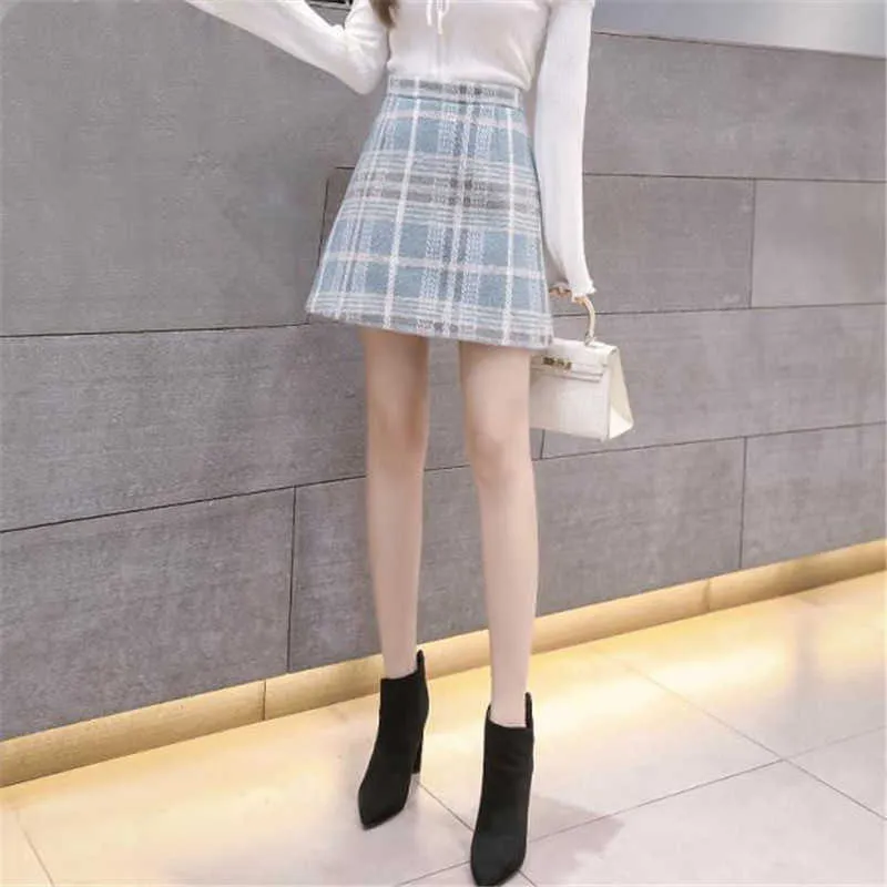 Rose Bleu Doux Tweed Laine Mini Jupe Femmes Mode Coréenne Taille Haute En Laine À Carreaux Jupe Dames Bureau Casual Streetwear Faldas 210619