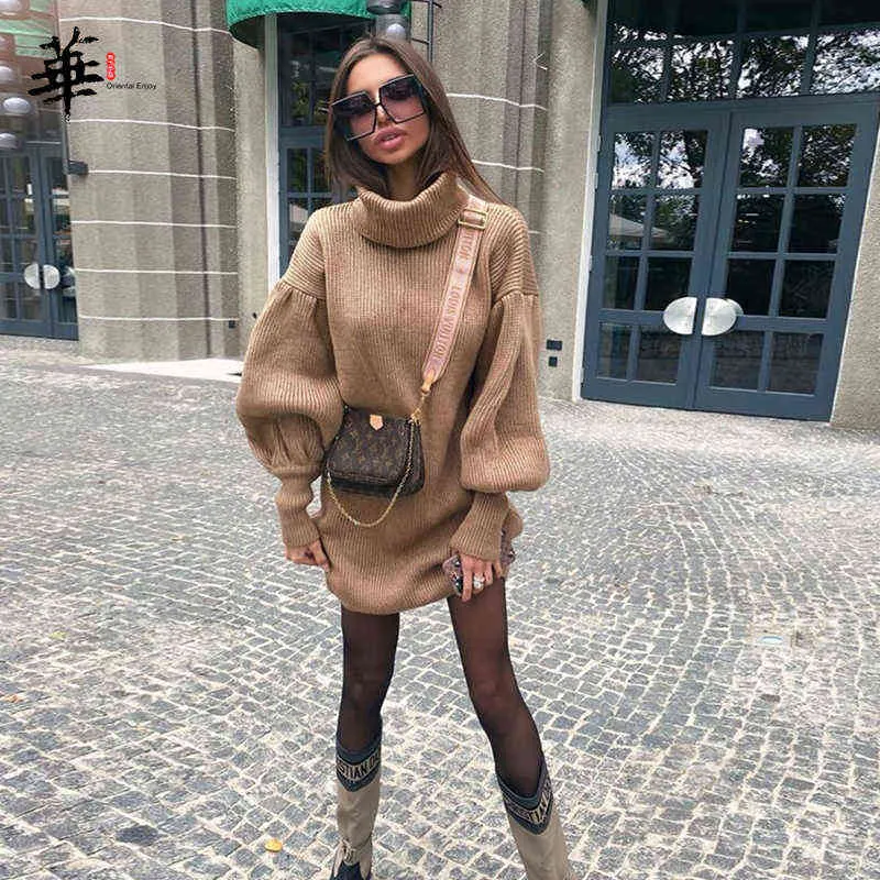 Knitted Sweater Winter Dress Turtleneck Pullover Mini Dress for Women Party Lantern Long Sleeve Dress Women Clothing Femme Robe Y1204