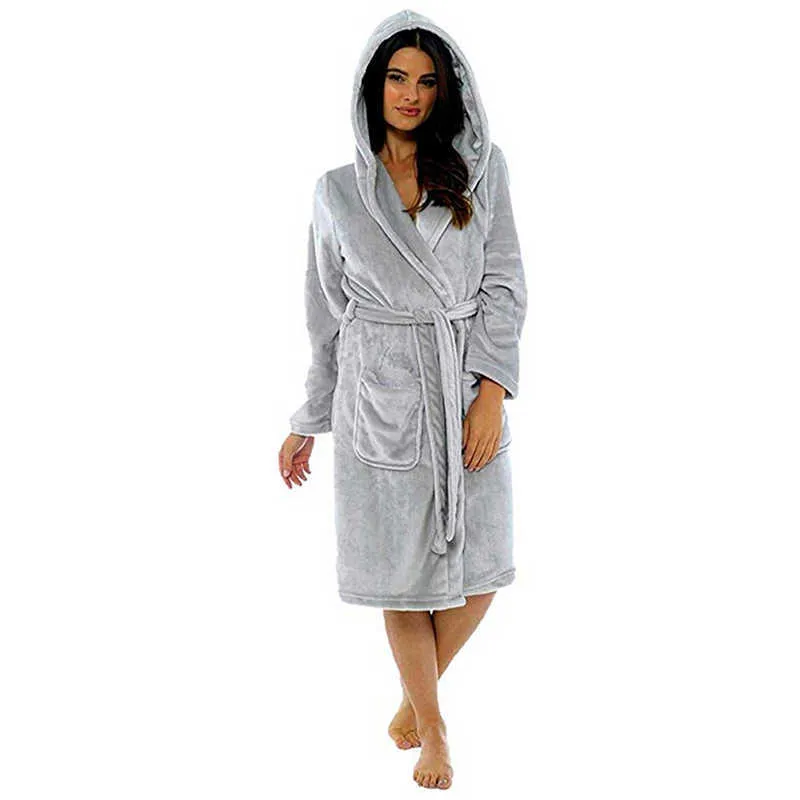 Plush Bathrobe Women Warm Hooded Robe Ladies Casual Flannel Kimono Bath Robes Dressing Gowns Pijama Mujer 210924