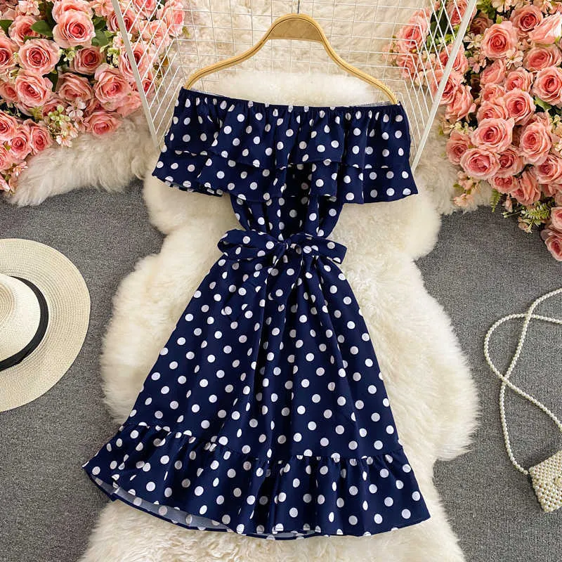 Sexy Slash Pescoço Off Ombro Polka Dot Mini Dress Mulheres Elegante Ruffle Manga Curta A-Linha Casual Cintura Alta Vestido Verão 2021 Y0603