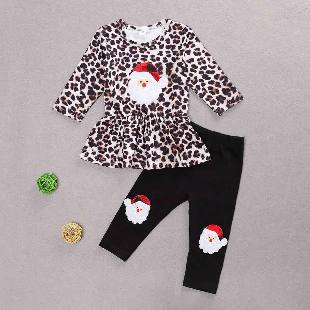 1-5Y Peuter Kid Girls Christmas Clothes Set Leopard Santa Claus T-shirt Tuniek Broek Xmas Outfits Kinderen Kostuums 210515