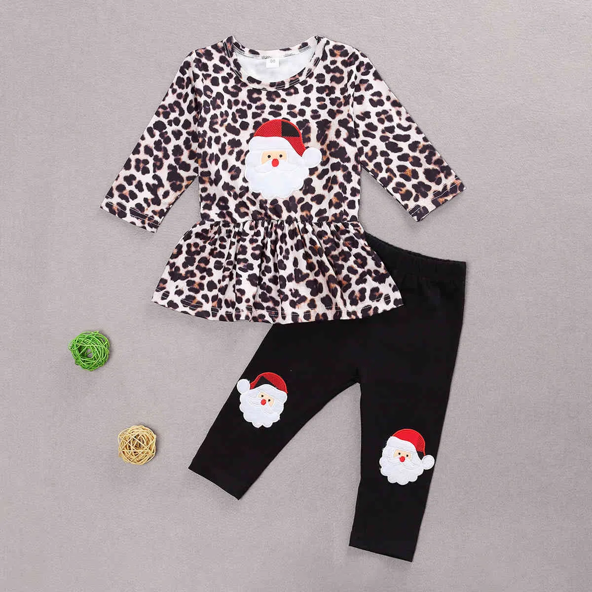 1-5Y幼児子供女の子クリスマス服セットヒョウサンタクロースTシャツチュニックパンツクリスマス衣装子供衣装210515