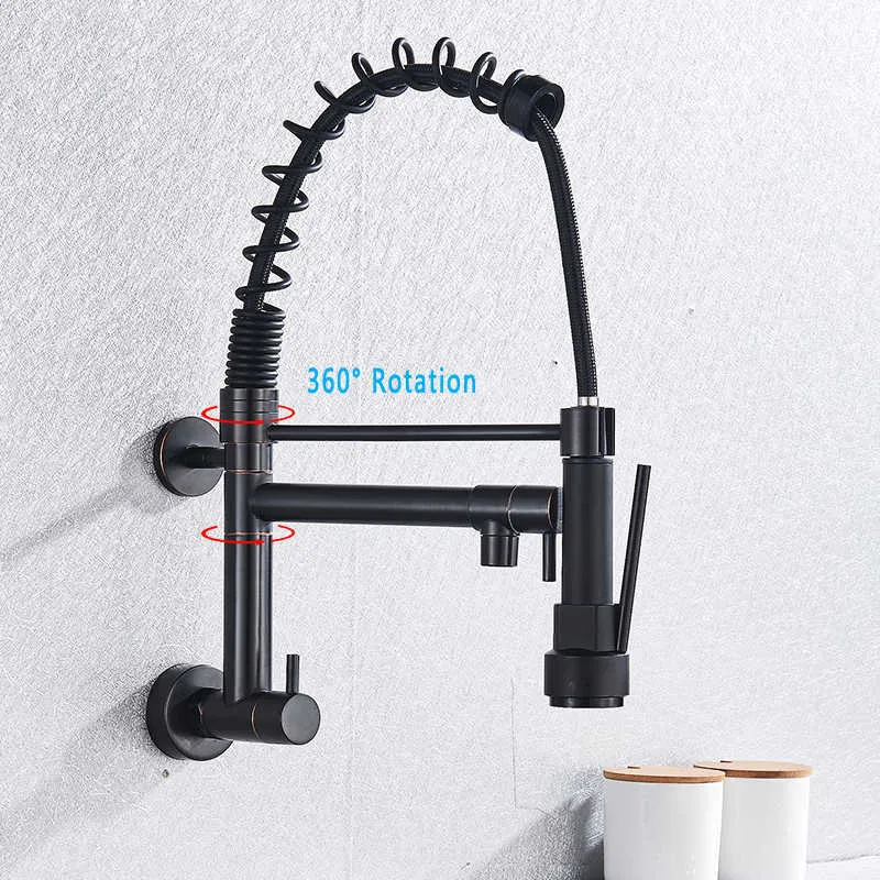 SHBSHAIMY Spring ORB Black Kitchen Faucet Pull Down Chrome Single Cold Wall Mounted Kitchen Taps Dual Function Sprayer Taps 211108