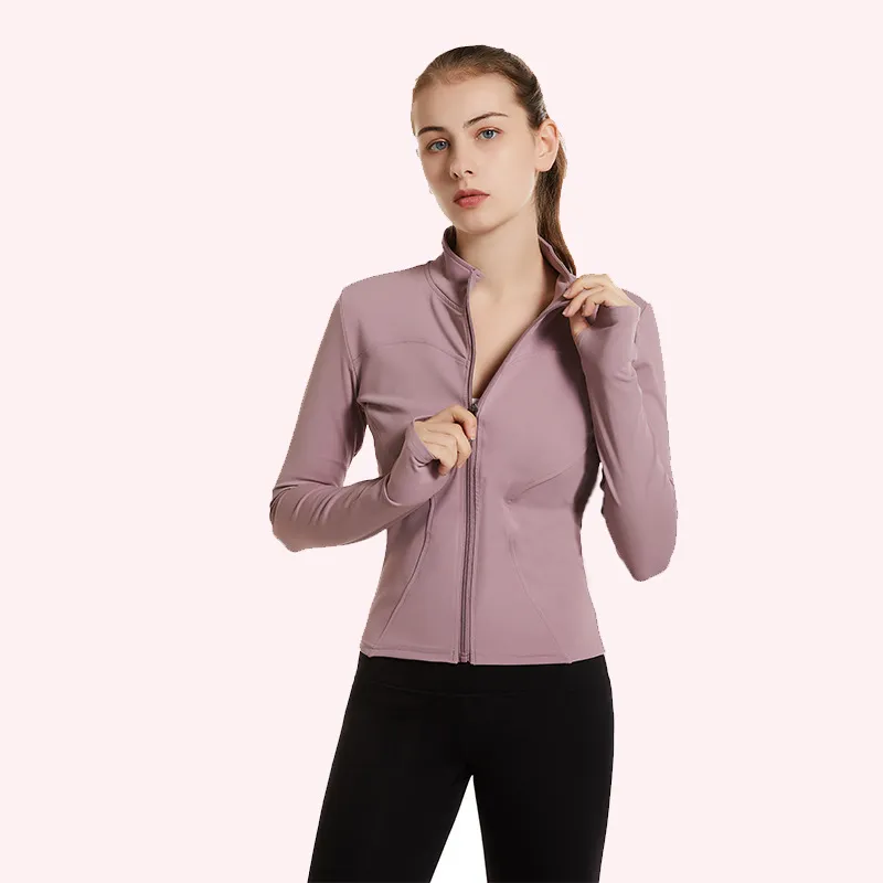 [DEAT] Stojak Collar Solid Color Coat Kobiety Tight Yoga Garnitur Z Długim Rękawem Top Cardigan Running Fitness Jacke Spring GX856 210428