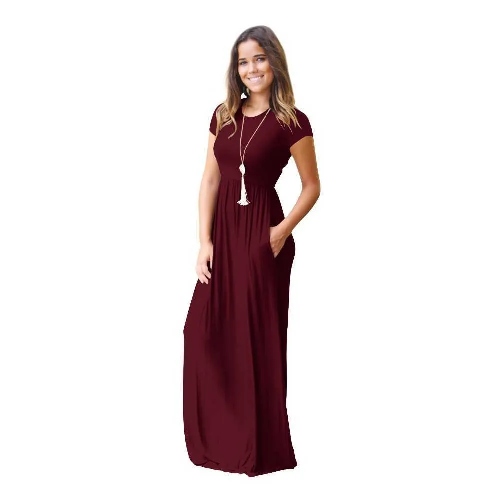 Yaz Elbise Kadınlar Zarif Kırmızı Katı Kısa Kollu Artı Boyutu Robe Pockets 8 Renkler S-2XL Uzun Maxi ES Vestidos LR8 210531