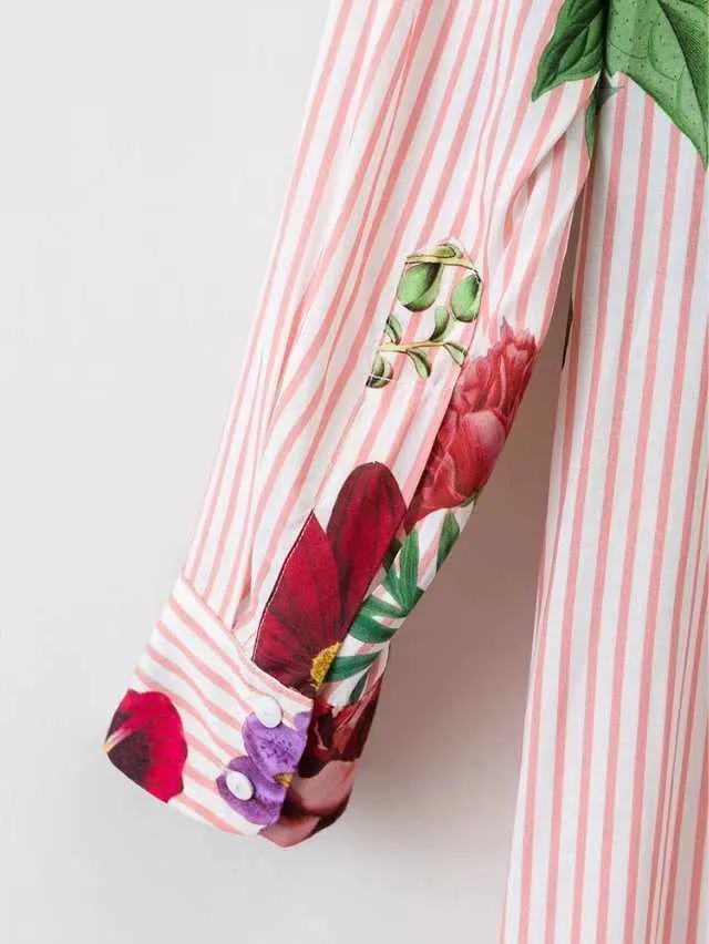 Printemps rétro imprimé floral rayé robe complète ceintures col rabattu longues robes pour femmes 210615