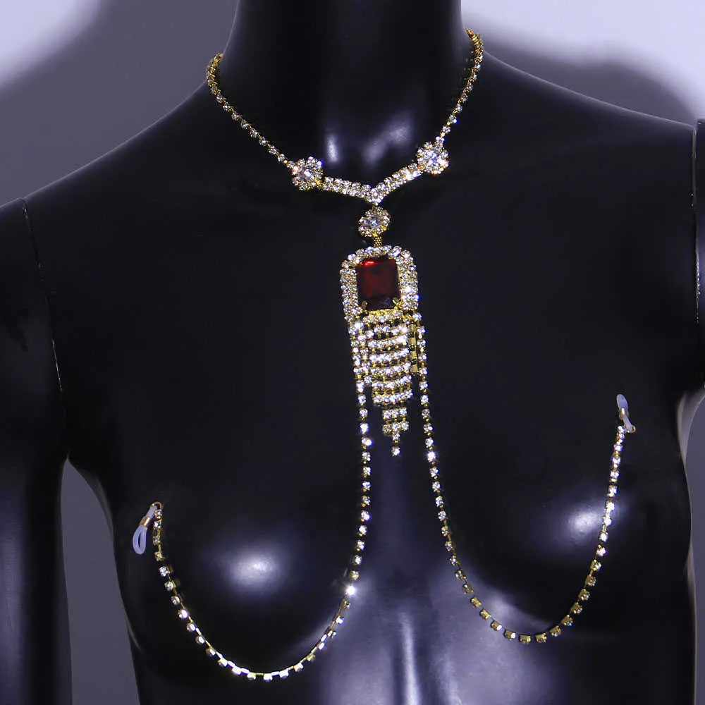 Stonefans rouge cristal soutien-gorge haut poitrine bijoux harnais femme collier strass corps Bikini or sexe mamelon chaîne