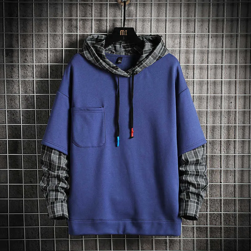 Sudaderas con capucha de un solo camino para hombre, sudadera de retales de pago para hombre, ropa informal japonesa Harajuku, sudadera negra de gran tamaño, sudaderas para hombre 210728