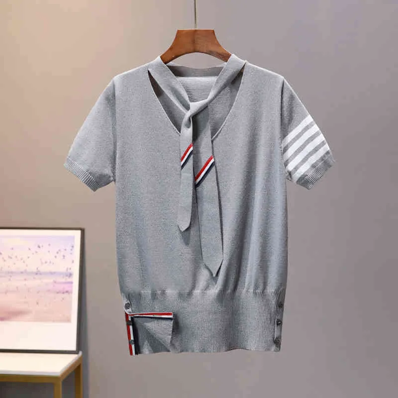 Mode kvinnors stickade tröja sommar temperament is silke topp v-nacke lös torn flytande slips t-shirt 210520