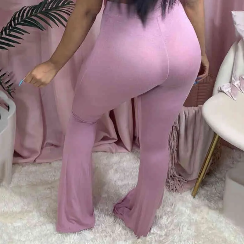 Omsj Jesień Kobiety Casual Sexy Bodycon Flarowane Spodnie Solidne Kolor Wysoka Talia Moda Spodnie Długie Plus Size Sprzedaż S-4XL 210517