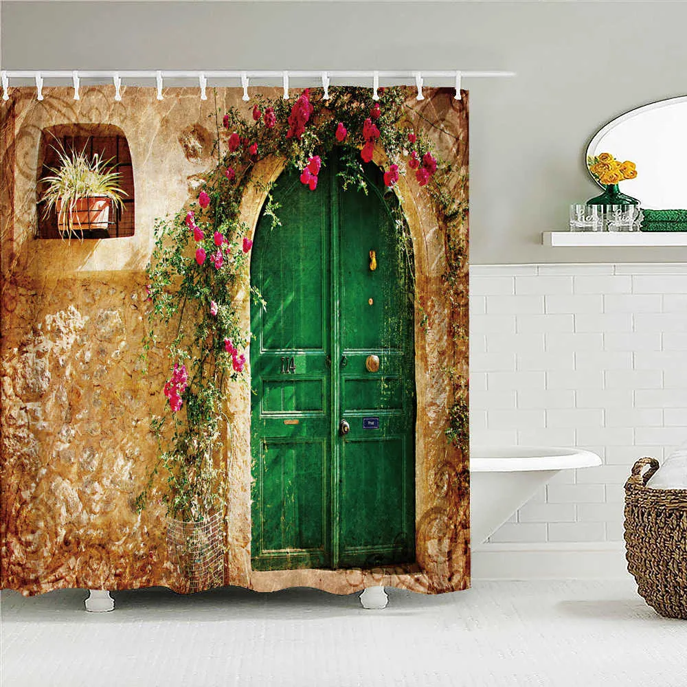 방수 꽃 잔디 식물 바위 벽 샤워 커튼 욕실 목욕 긴 180 * 200 cm 3D 210915
