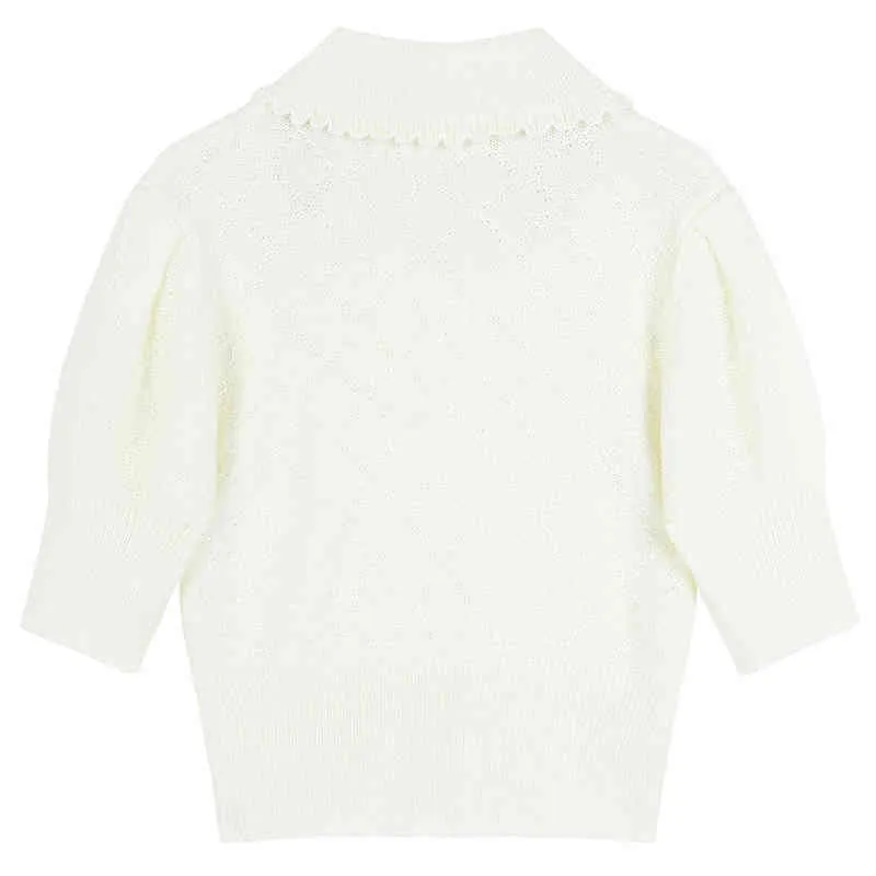 [EAM] Kobiety White Casual Haft Knitting Floral T-Shirt Lapel Three-Quarter Sleeve Moda Wiosna Lato 1DD7994 21512