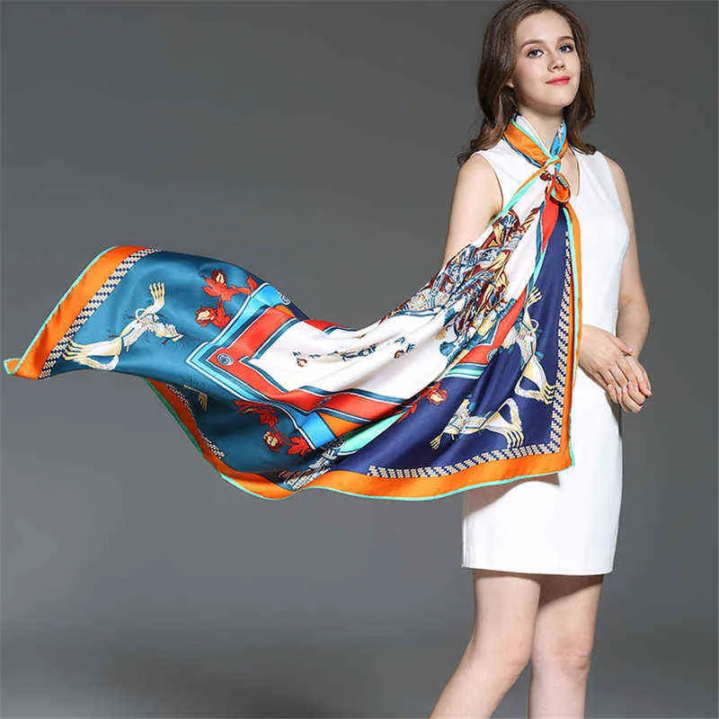 Twill Silk Women Scarf Luxury Brand Europe Design Foulard 130*130cm French Horse Print Square Scarves Fashion Shawls Wraps 211227