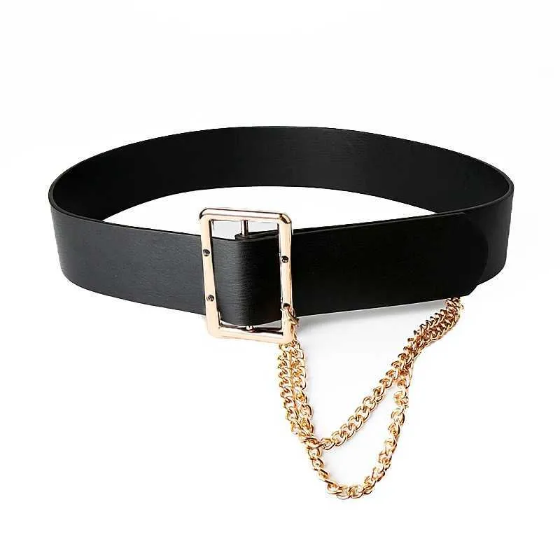 New Design No Pin Rectangle Buckle Belts For Women Black Wide Waist Strape Punk Gold Chain Tassel Decorate Coat Jeans Dress Girl G1026