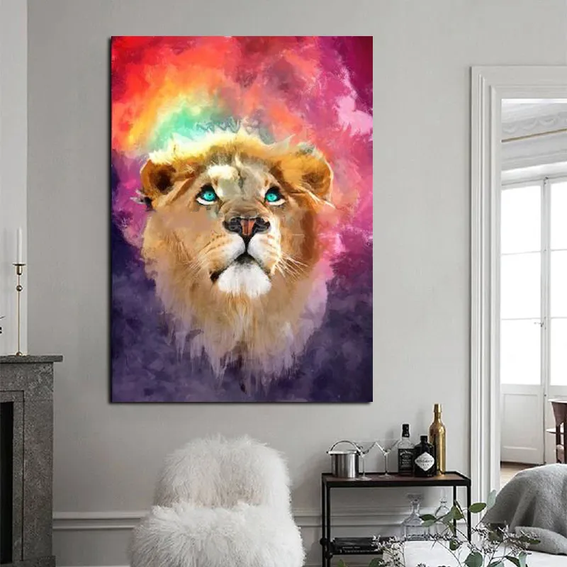 Wielobarwny lew twarz nowoczesne płótno malarstwo zdjęcia zwierząt wystrój salonu ścienne plakaty artystyczne abstrakcyjne wydruki
