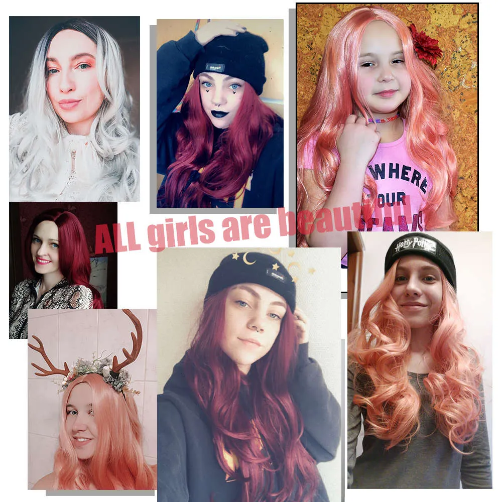 AISI Queens długą fala syntetyczna peruka czerwona peruka dla kobiet Cosplay Czarne różowe peruki Częściowy podział Naturalny Wysokiej temperatury Włókno 5119155